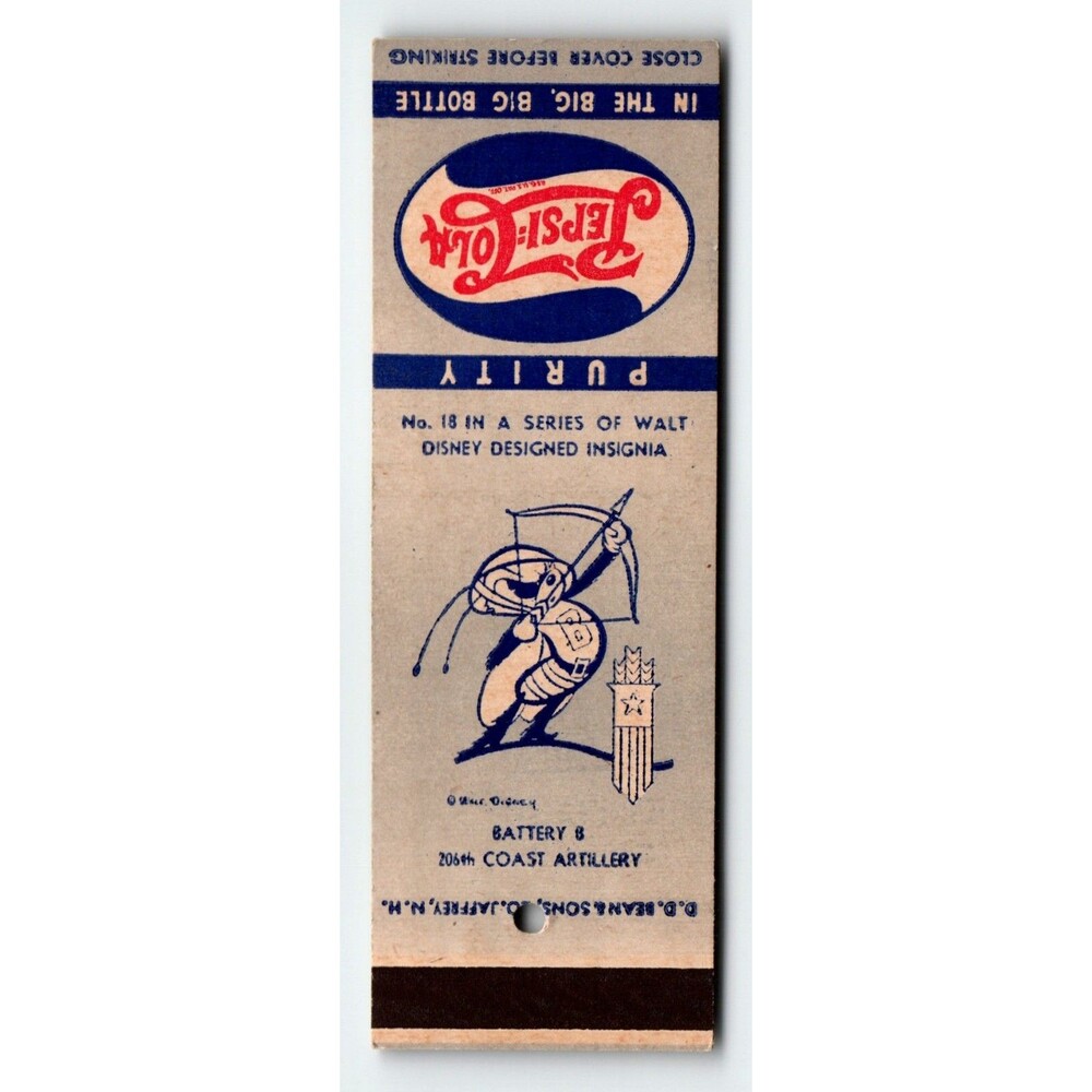 Pepsi Cola Matchbook Cover Walt Disney No 18 Bee Bow Arrow Coast Artillery 1940s